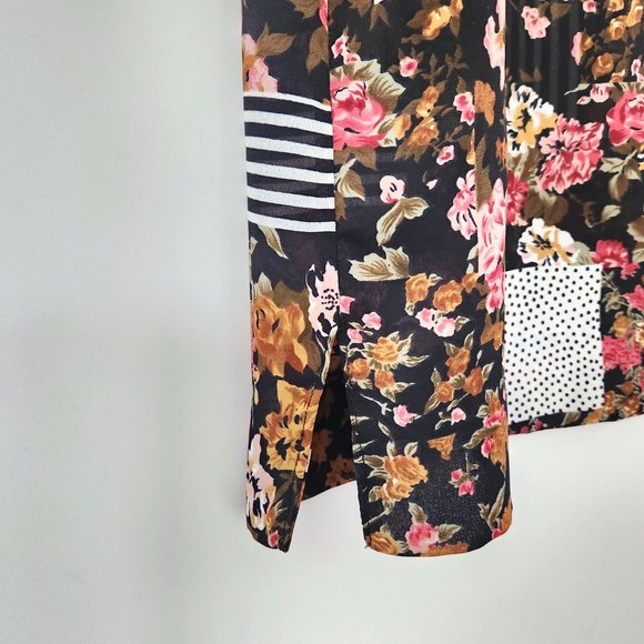 Vintage 90s Notations Black Floral Blouse Semi Sheer Stripes Short Sleeve Medium - Picture 6 of 16